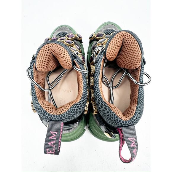 Gucci Flashtrek Chunky Green Gray Leather Crystal Embellished Sneakers Size 36.5 - Picture 3 of 9